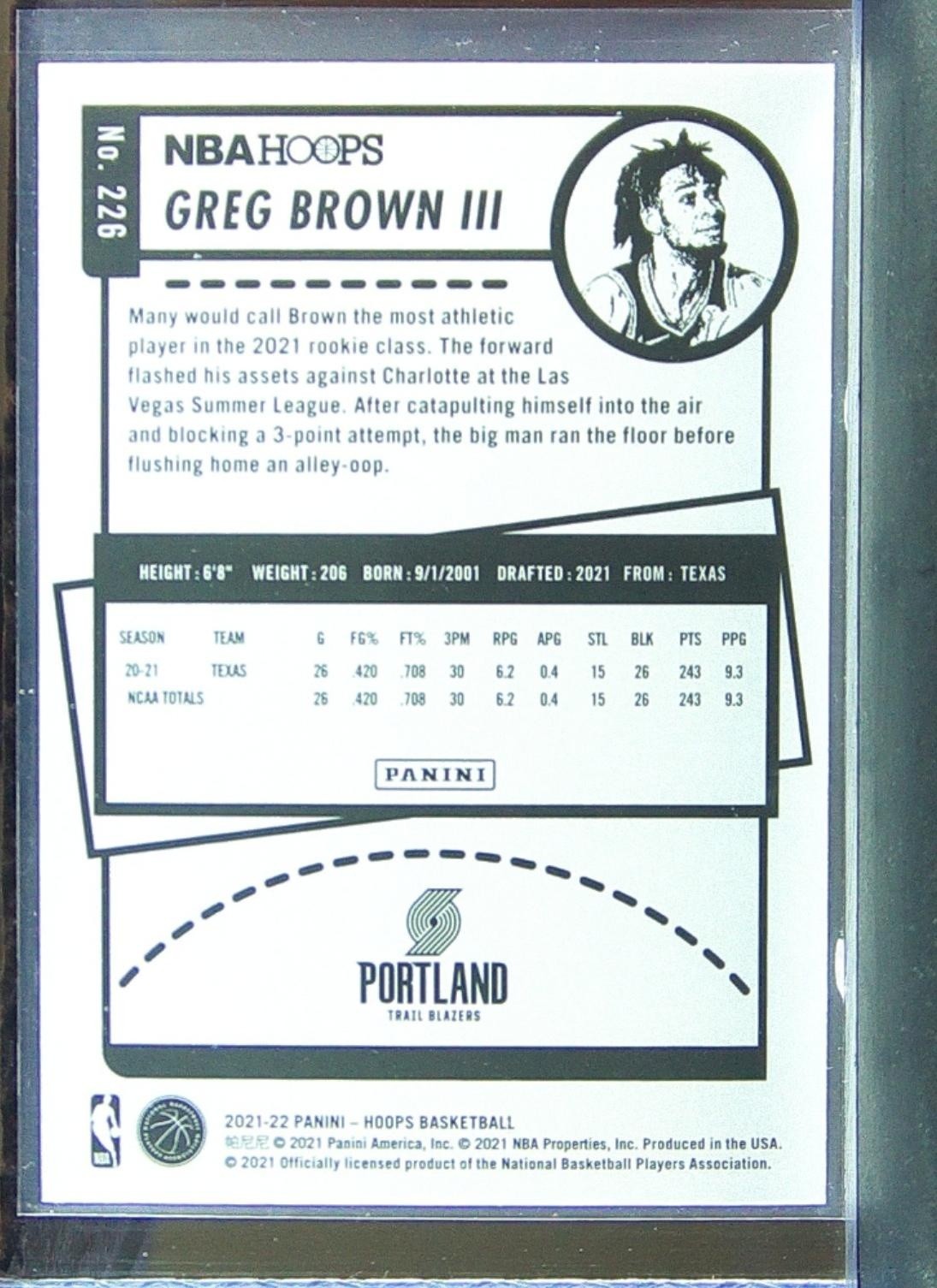 2021-22 Hoops Greg Brown III RC #226 Blazers - Image 3