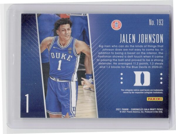 2021-22 Panini Chronicles Gala Draft Picks Jalen Johnson #193 Duke - Image 3