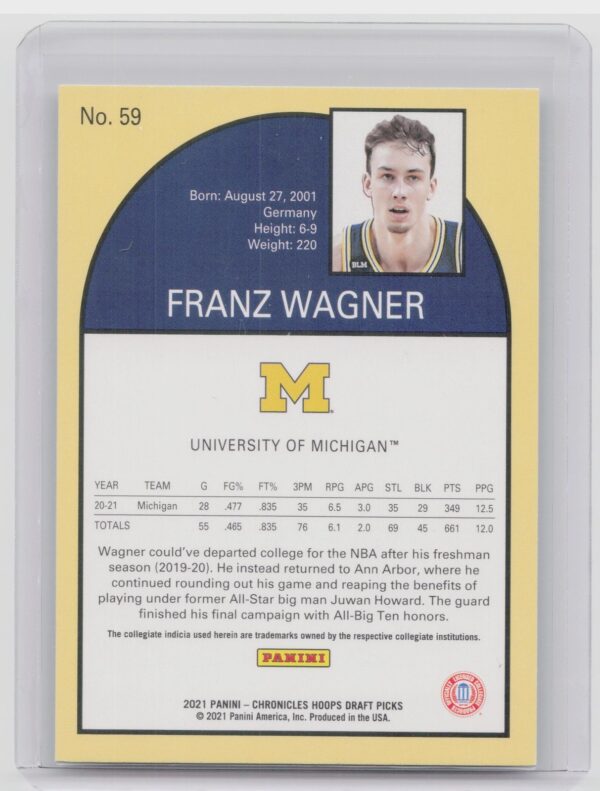 2021-22 Panini Chronicles Hoops Draft Picks Franz Wagner #59 Wolverines - Image 3