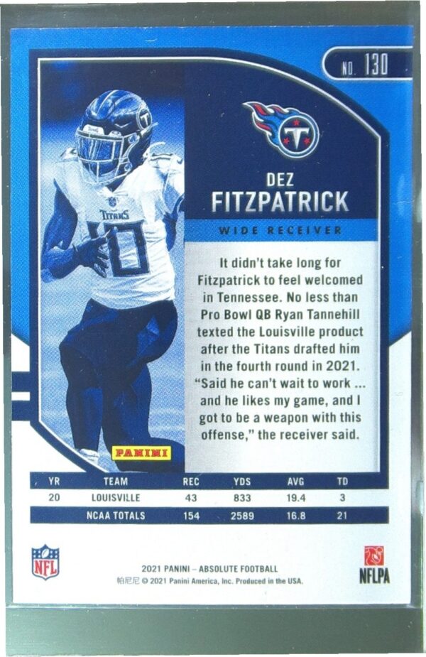 2021 Absolute Dez Fitzpatrick Blue RC #130 Titans - Image 3