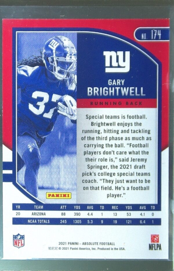 2021 Absolute Gary Brightwell Retail RC #174 Giants - Image 3