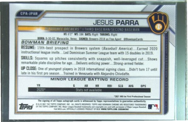 2021 Bowman Chrome Jesus Parra Auto #CPA-JPAR Brewers Prospect Autographs - Image 3
