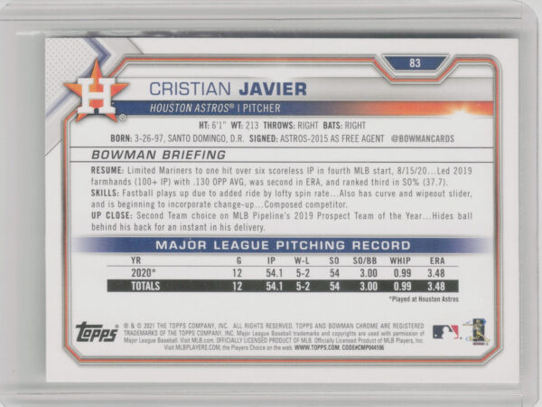 2021 Bowman Cristian Javier RC #83 Astros - Image 3