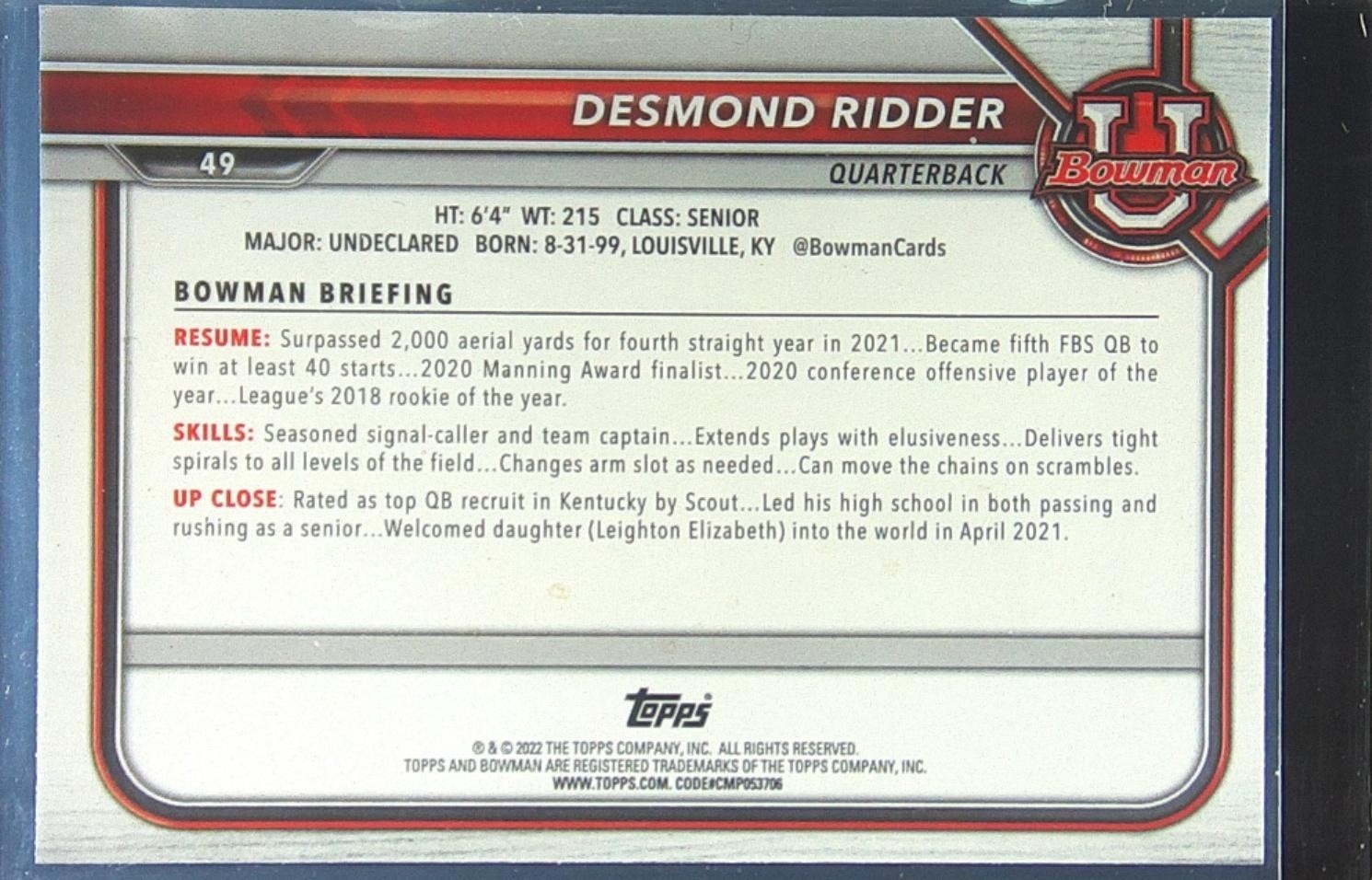 2021 Bowman University Desmond Ridder #49 Bearcats First Bowman - Image 3