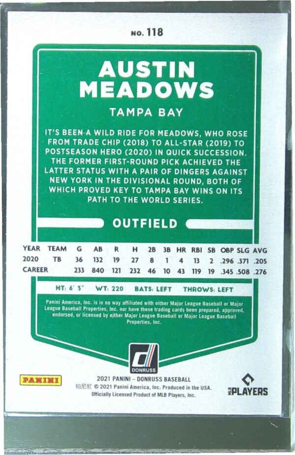 2021 Donruss Austin Meadows Holo Purple #118 Rays - Image 3