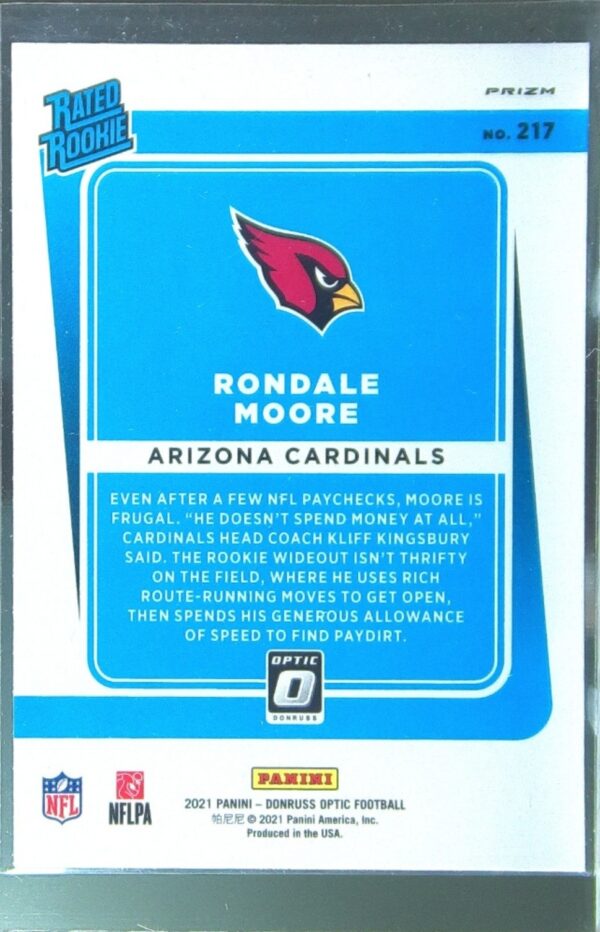 2021 Donruss Optic Rondale Moore Purple Shock RC #217 Cardinals - Image 3