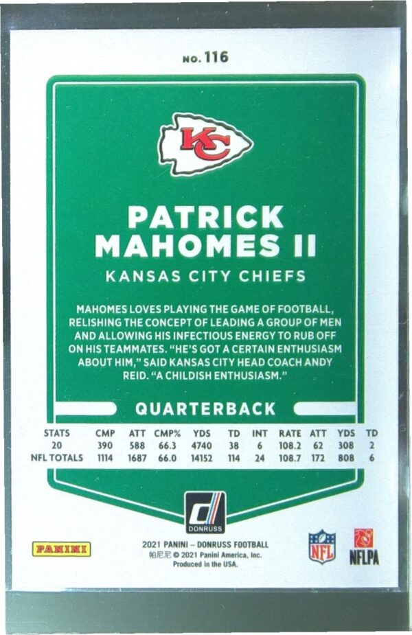 2021 Donruss Patrick Mahomes II #116 Chiefs - Image 3