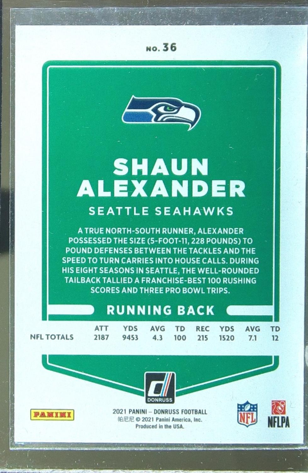 2021 Donruss Shaun Alexander Press Proof Red #36 Seahawks - Image 3