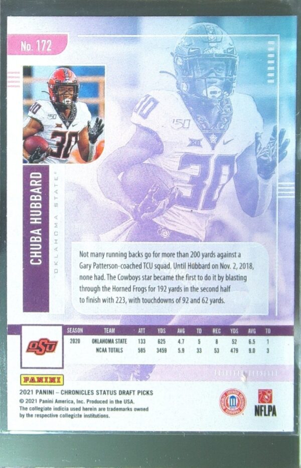 2021 Panini Chronicles Draft Picks Chuba Hubbard Pink RC #172 Cowboys - Image 3