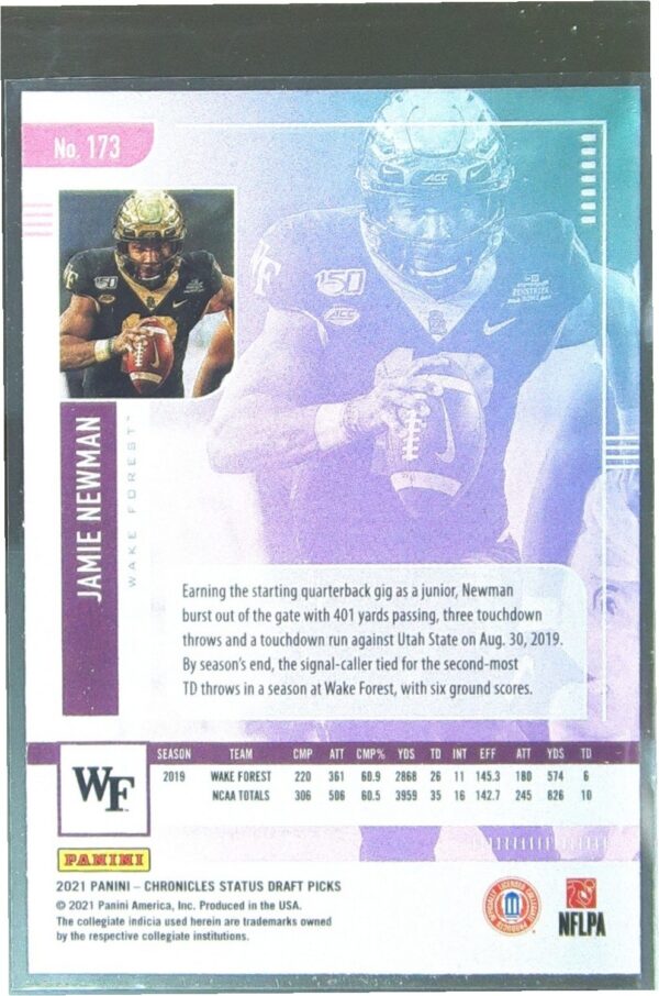 2021 Panini Chronicles Draft Picks Jamie Newman Pink RC #173 Deacons - Image 3