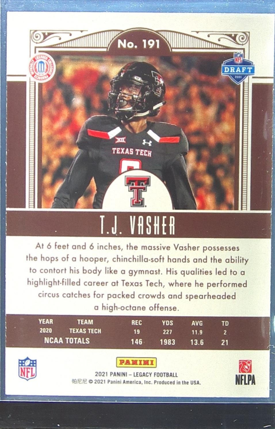 2021 Panini Legacy T.J. Vasher RC #191 Raiders - Image 3