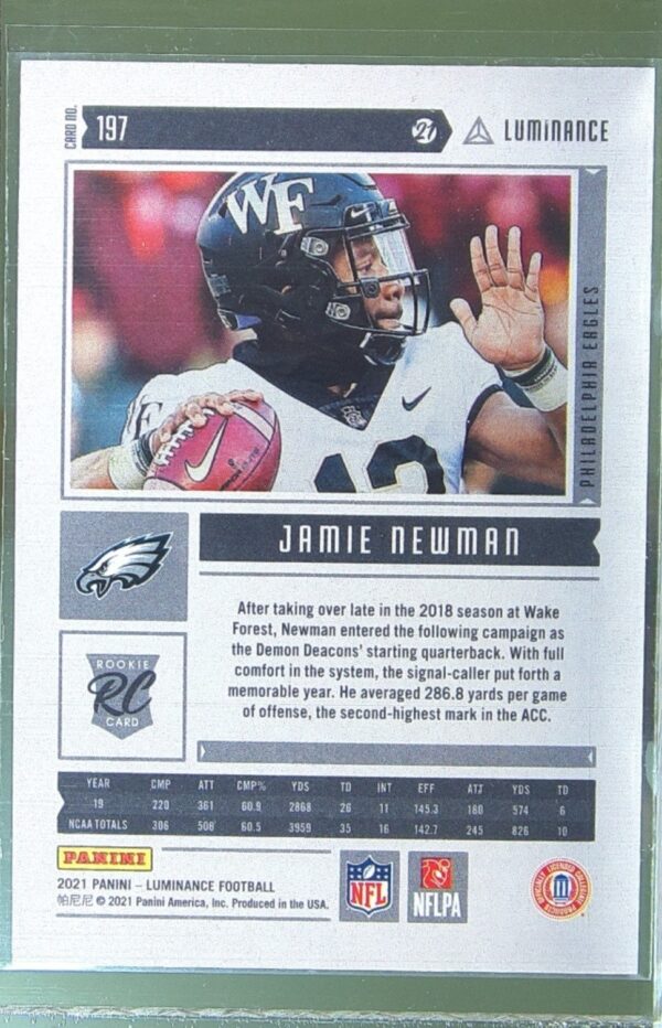 2021 Panini Luminance Jamie Newman Orange /50 RC #197 Eagles - Image 3