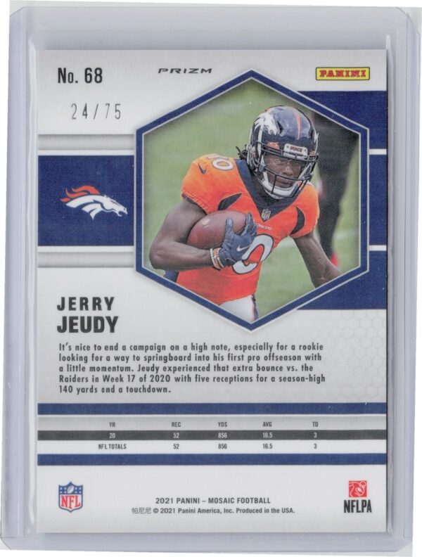 2021 Panini Mosaic Jerry Jeudy No Huddle Prizm Blue SN75 #68 Broncos - Image 3