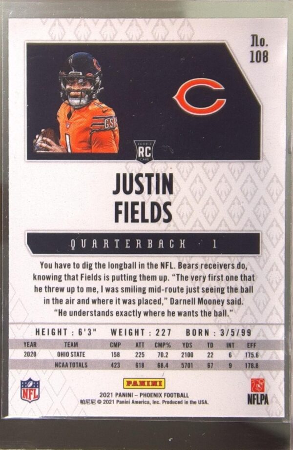 2021 Panini Phoenix Justin Fields Fire Burst RC #108 Bears - Image 3
