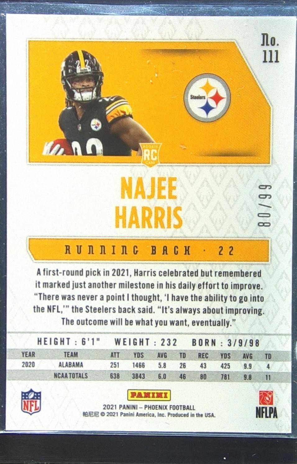 2021 Panini Phoenix Najee Harris Orange /99 #111 Steelers - Image 3