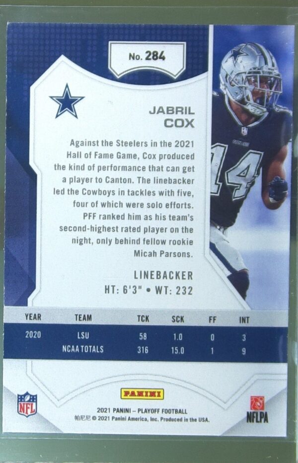 2021 Panini Playoff Jabril Cox RC #284 Cowboys - Image 3