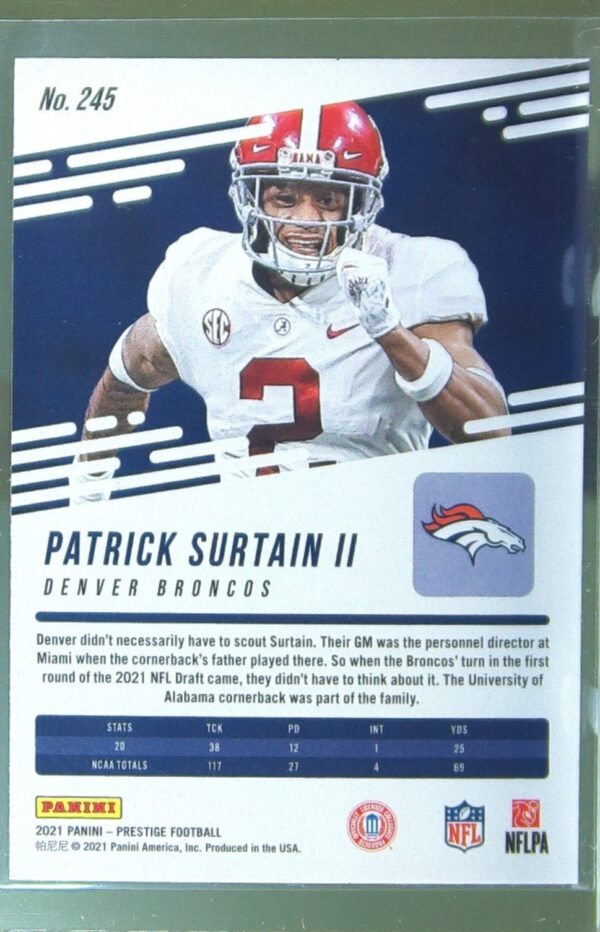 2021 Panini Prestige Patrick Surtain II RC #245 Broncos - Image 3