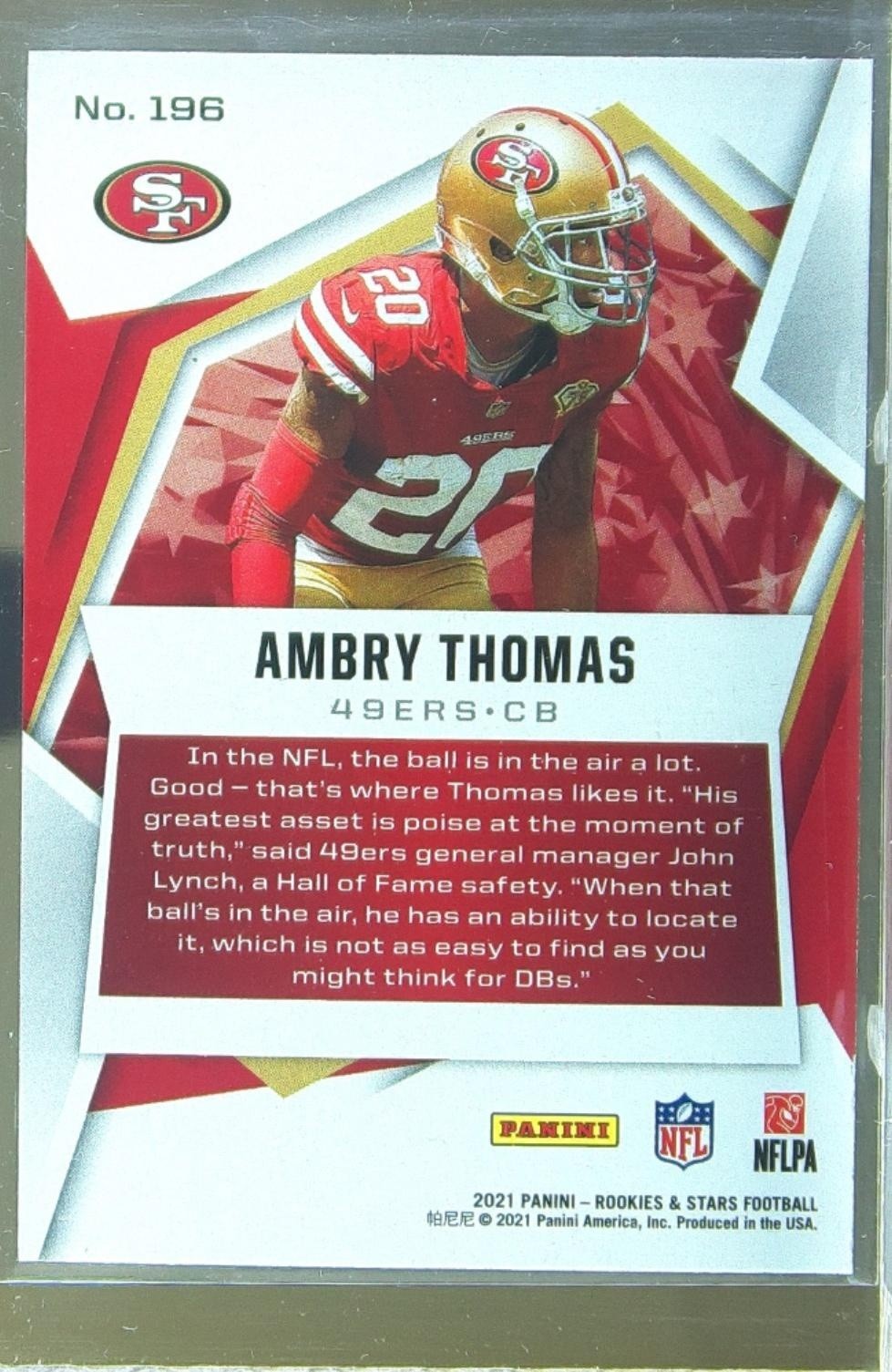 2021 Rookies & Stars Ambry Thomas RC #196 49ers - Image 3