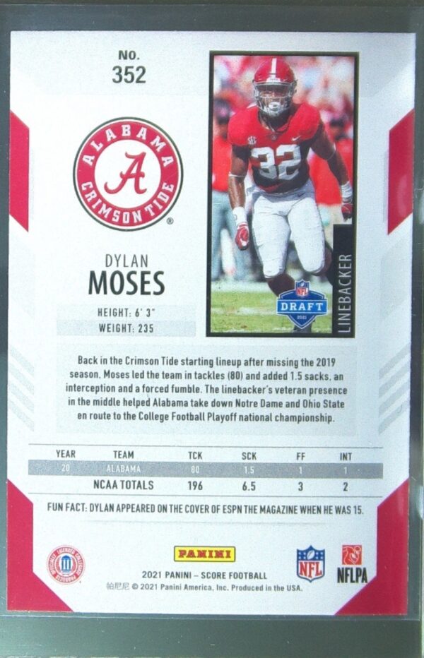 2021 Score Dylan Moses RC #352 Tide - Image 3