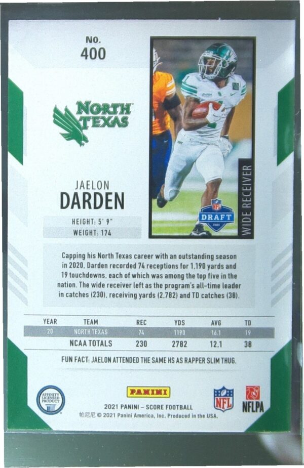 2021 Score Jaelon Darden RC #400 Green - Image 3