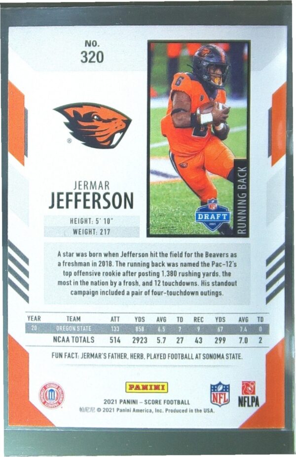 2021 Score Jermar Jefferson RC #320 Beavers - Image 3