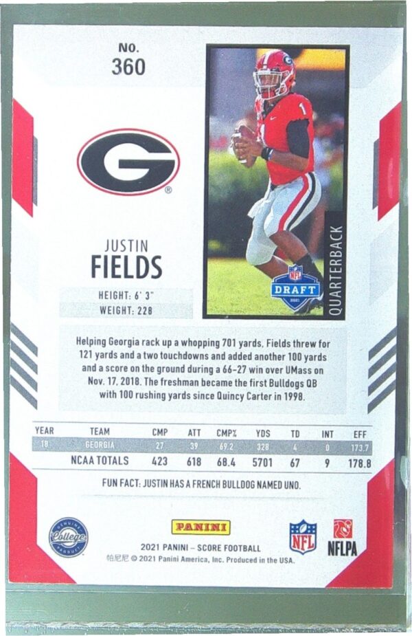 2021 Score Justin Fields RC #360 Bulldogs - Image 3