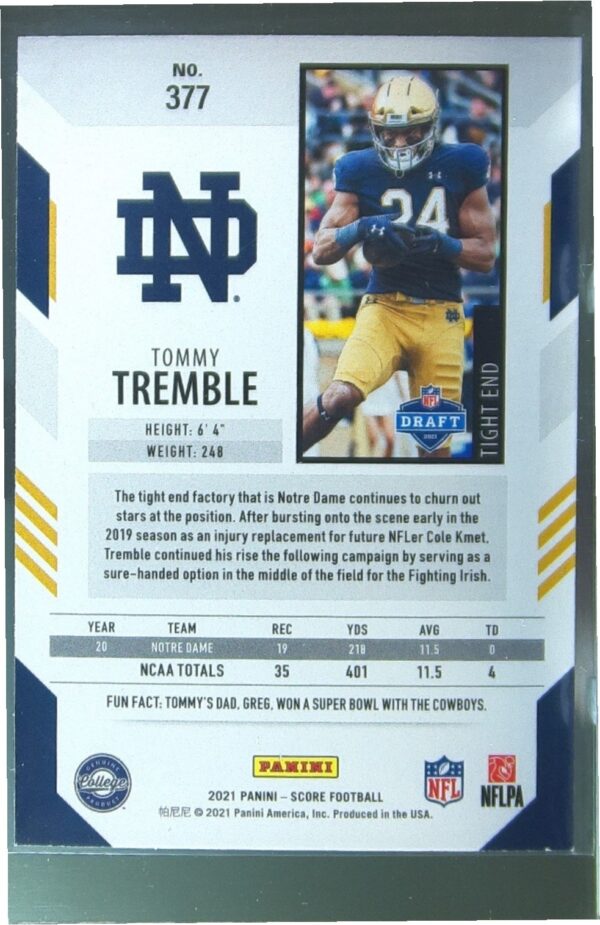 2021 Score Tommy Tremble RC #377 Irish - Image 3
