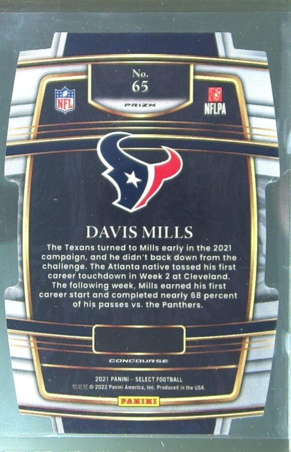 2021 Select Davis Mills Green and Yellow Prizm Die Cut RC #65 Texans - Image 3