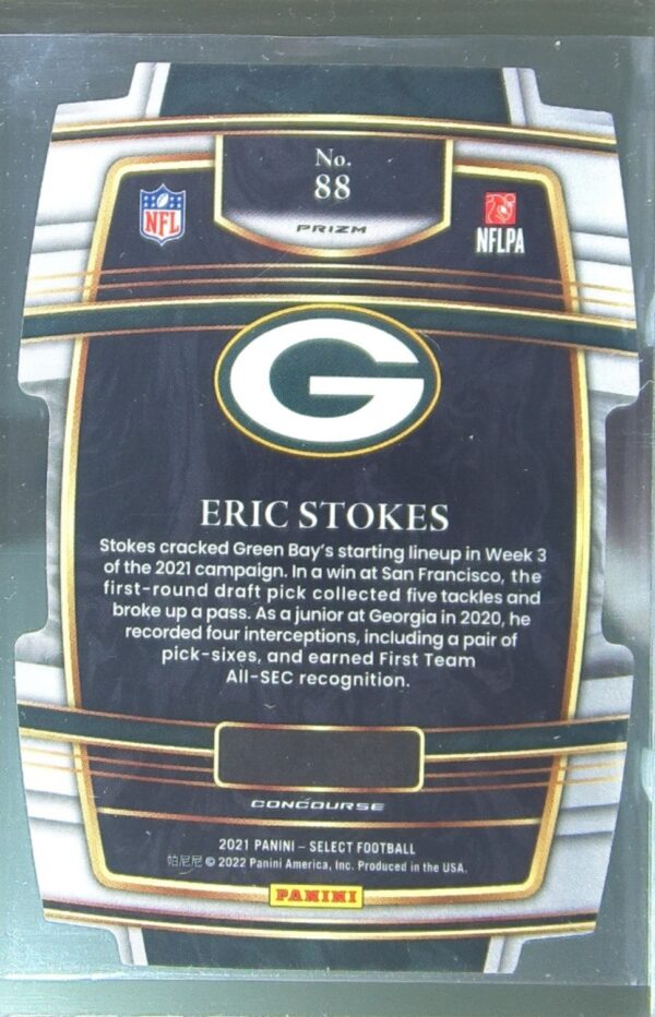 2021 Select Eric Stokes RC Green and Yellow Prizm Die Cut #88 Packers - Image 3