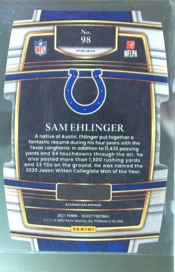 2021 Select Sam Ehlinger Red and Blue Prizm Die Cut RC #98 Colts - Image 3