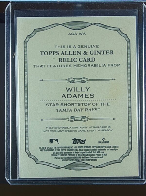 2021 Topps Allen & Ginter Willy Adames JSY #AGA-WA Rays Full Size Relics B - Image 3