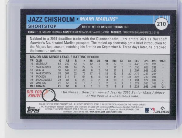 2021 Topps Big League Jazz Chisholm RC #210 Marlins - Image 3