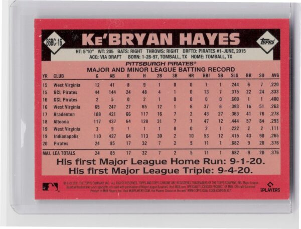2021 Topps Chrome Ke'Bryan Hayes #86BC-16 Pirates 1986 Topps Baseball - Image 3