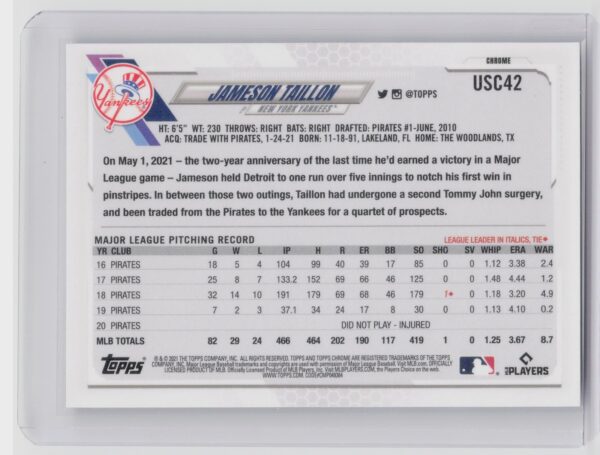 2021 Topps Chrome Update Jameson Taillon Purple Refractor #USC42 Yankees - Image 3