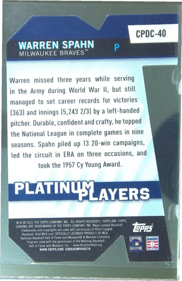 2021 Topps Chrome Update Warren Spahn #CPDC-40 Braves Platinum Players Die Cuts - Image 3