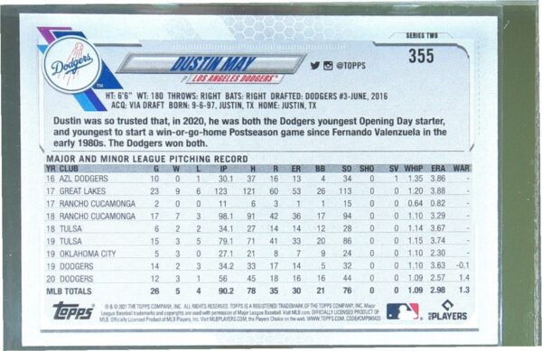 2021 Topps Dustin May Yellow #355 Dodgers - Image 3