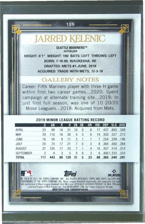 2021 Topps Gallery Jarred Kelenic Printer Proof #125 Mariners - Image 3