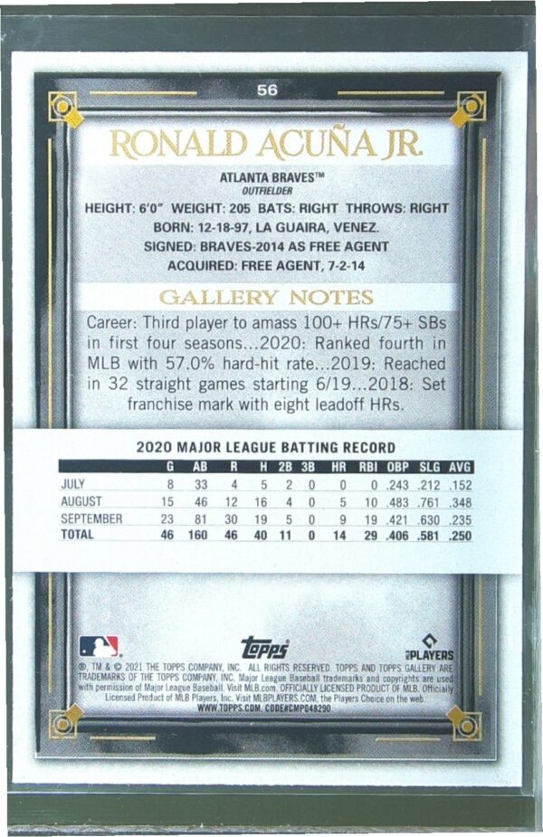 2021 Topps Gallery Ronald Acuna Jr. #56 Braves - Image 3
