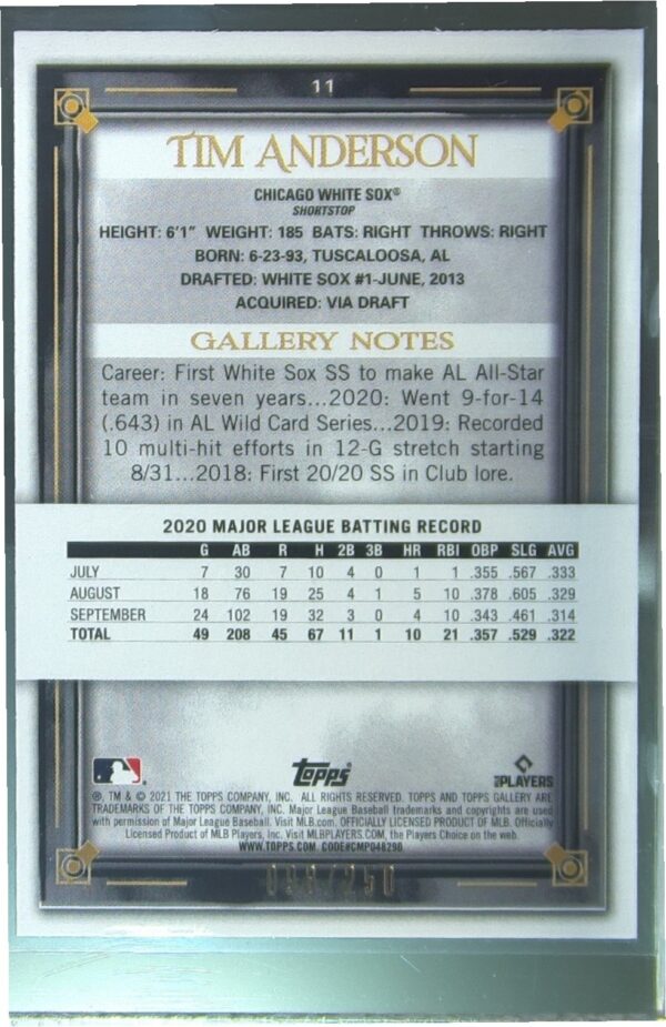 2021 Topps Gallery Tim Anderson Private Issue /250 #11 Sox - Image 3