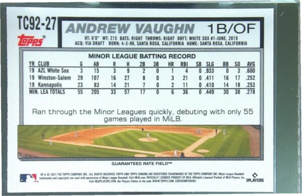 2021 Topps Update Andrew Vaughn RC #TC92-27 Sox 1992 Topps Redux Chrome - Image 3