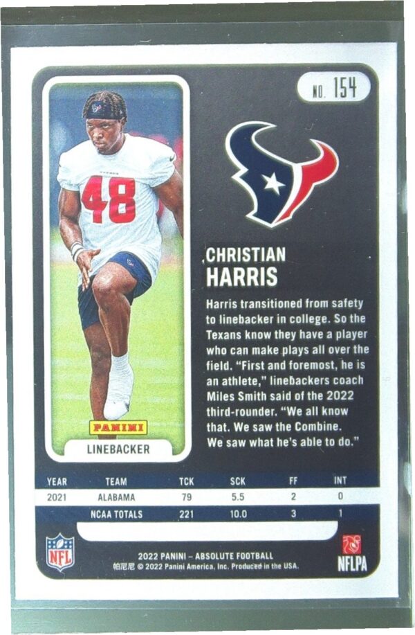 2022 Absolute Christian Harris Retail RC #154 Texans - Image 3