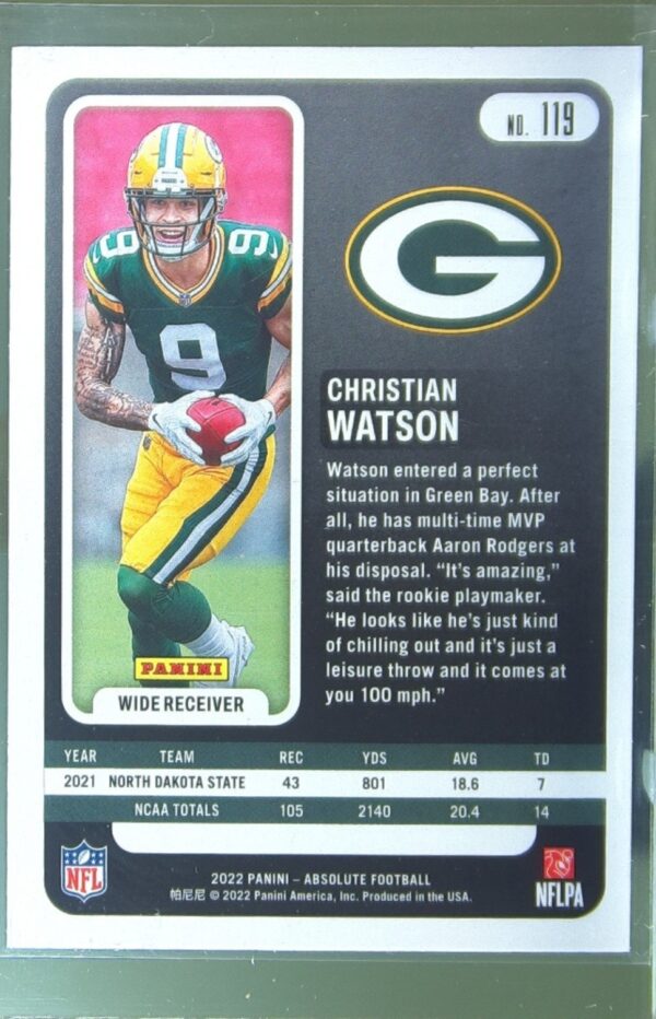2022 Absolute Christian Watson RC #119 Packers - Image 3