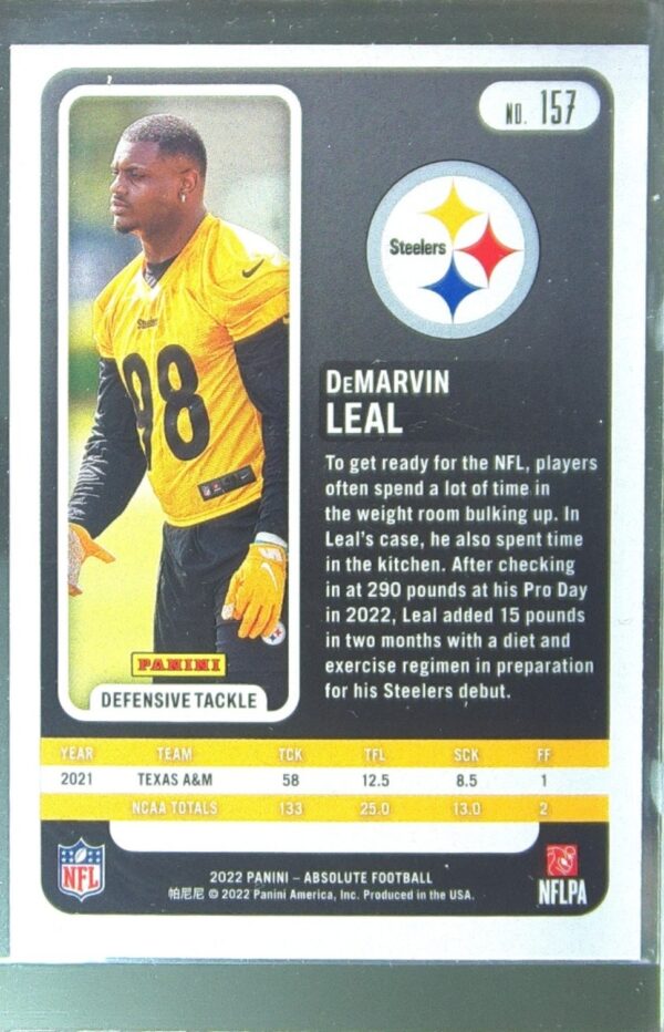 2022 Absolute DeMarvin Leal Retail RC #157 Steelers - Image 3