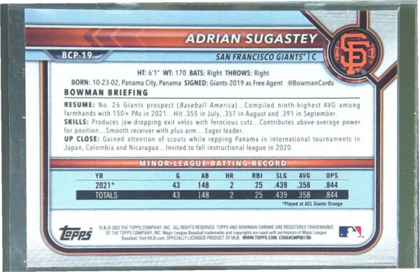 2022 Bowman Adrian Sugastey /99 #BCP-19 Chrome Prospects Green Shimmer Refractor - Image 3