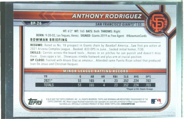 2022 Bowman Anthony Rodriguez /99 #BP-26 Giants Prospects Green - Image 3