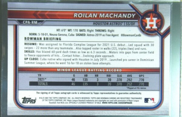 2022 Bowman Chrome Roilan Machandy Auto #CPA-RM Astros Prospect Autographs - Image 3