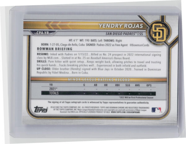 2022 Bowman Chrome Yendry Rojas AU #CPA-YR Padres Prospect Autographs - Image 3