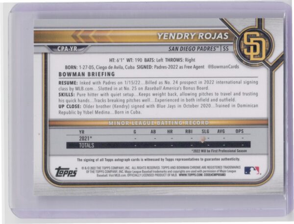 2022 Bowman Chrome Yendry Rojas AU #CPA-YR Padres Prospect Autographs - Image 3
