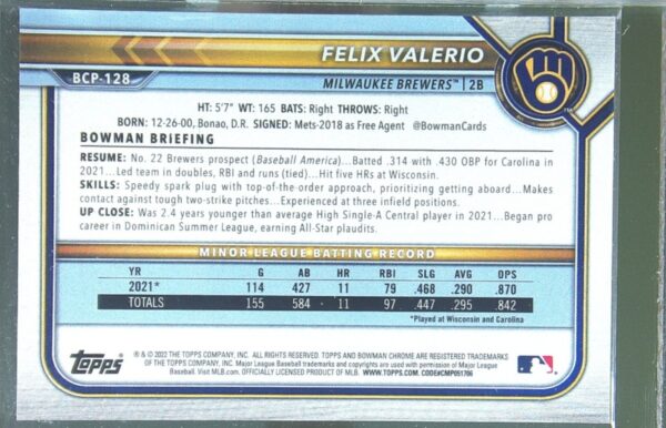 2022 Bowman Felix Valerio /250 #BCP-128 Brewer Chrome Prospects Purple Refractor - Image 3