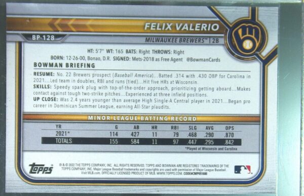 2022 Bowman Felix Valerio /399 #BP-128 Brewers Prospects Neon Green - Image 3